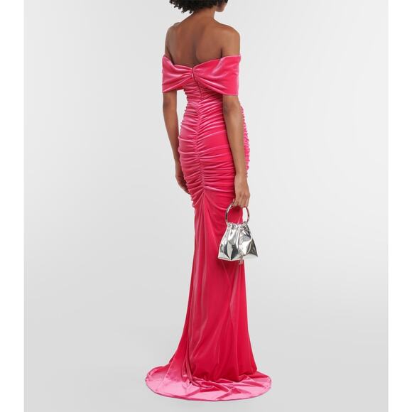 MONIQUE LHUILLIER Ruched off-shoulder velvet gown fuchsia US8 - Picture 4 of 12